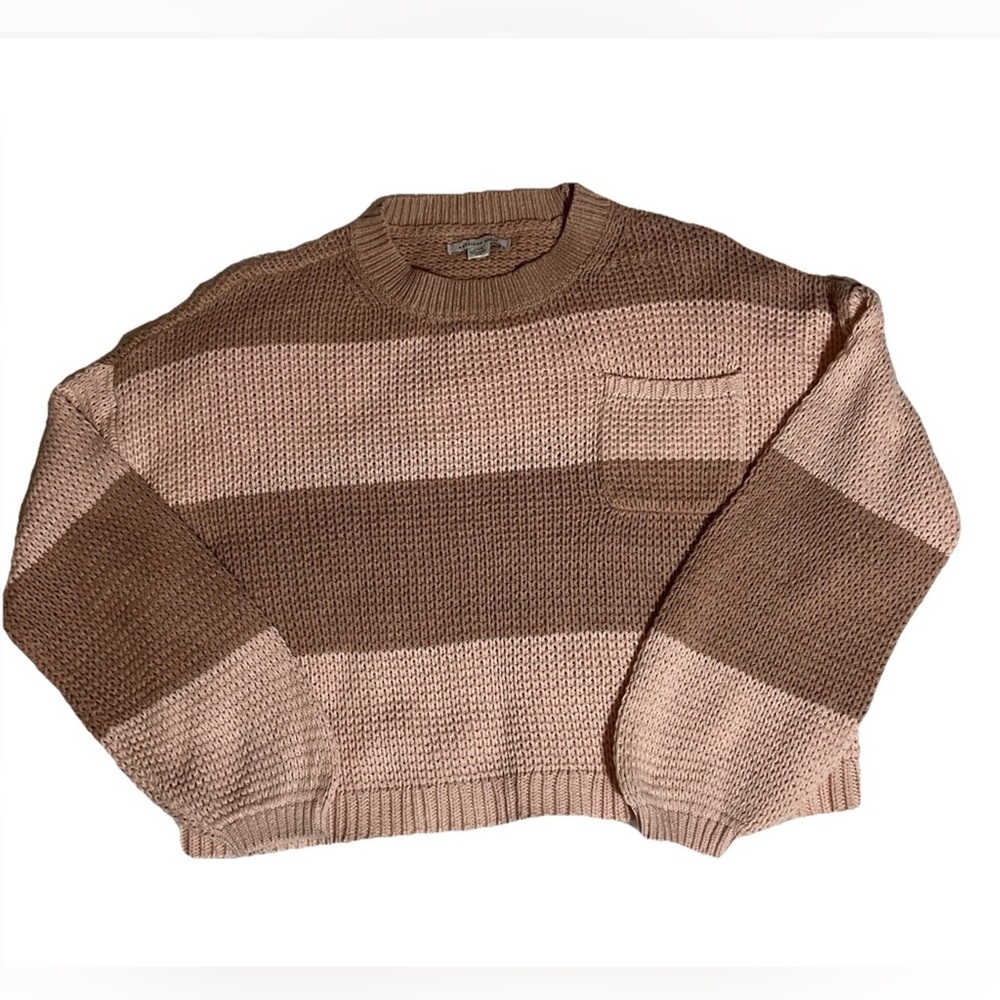 American Eagle Sweater Women’s MEDIUM Pink Knit Wide Striped Long Sleeve Pocket